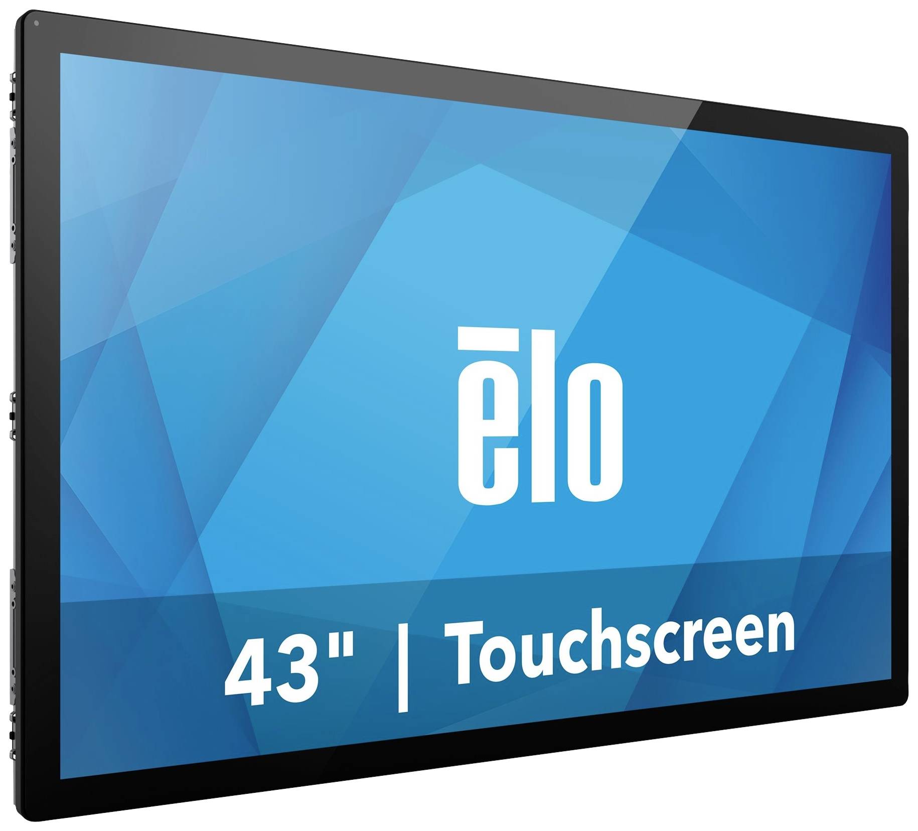 43-Zoll Touchscreen-Monitor der Marke 'elo', in schwarzem Rahmen, auf einem blauen Hintergrund angezeigt. Geeignet für interaktive Präsentationen.