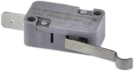 Ein grauer Mikroschalter mit Metalllehel und zwei elektrischen Anschlüssen, der zur Steuerung von Schaltkreisen in elektronischen Geräten verwendet wird.