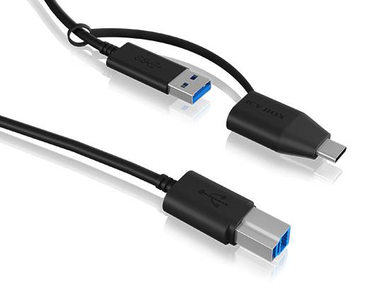 ICY BOX USB-Kabel USB 3.2 Gen1 USB-C® Stecker, USB-A Stecker, USB-B Stecker 1.00 m Schwarz 60858