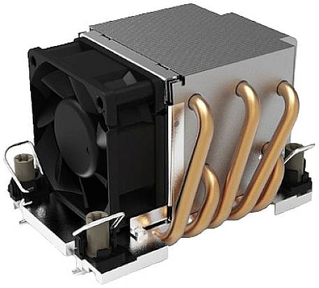 Ein CPU-Kühler mit schwarz-silbernem Lüfter und Kupfer-Heatpipes. Speziell für den Einsatz in Computern zur Kühlung der CPU.