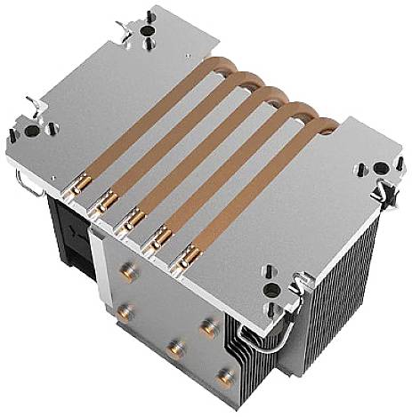 Ein Kühler mit mehreren Kupfer-Heatpipes und Aluminiumrippen. Er dient zur Wärmeabfuhr von elektronischen Bauteilen, etwa in Computern.