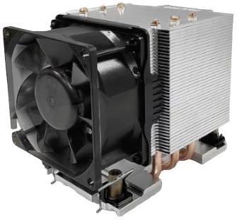 Lüfterkühler für Computer mit schwarzem Ventilator und silbernem Kühlkörper, sorgt für Kühlung von Computerprozessoren.