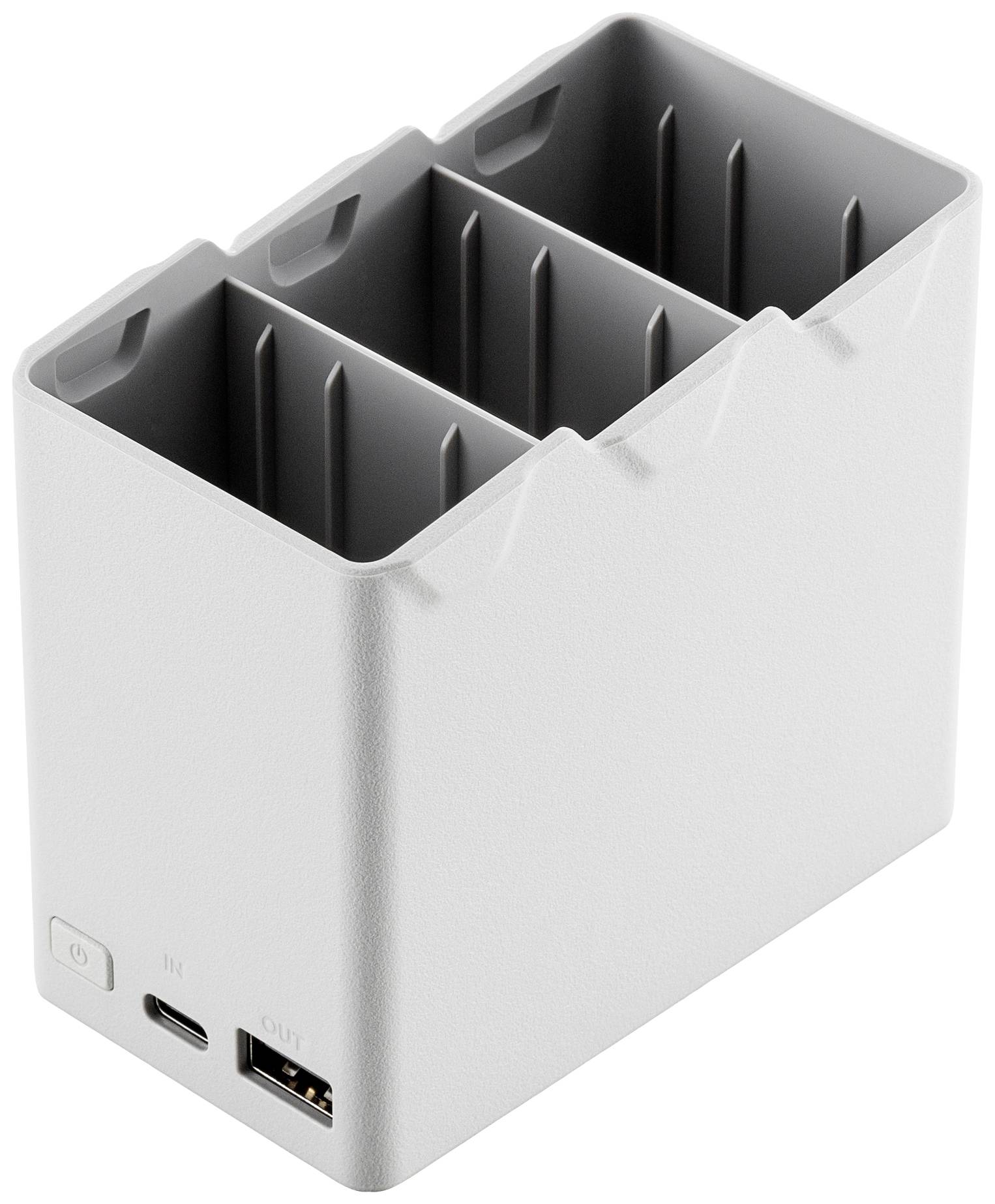 Ein weißer Akku-Ladeblock mit zwei Fächern und Anschlüssen an der Seite, geeignet zum gleichzeitigen Laden mehrerer Geräteakkus.