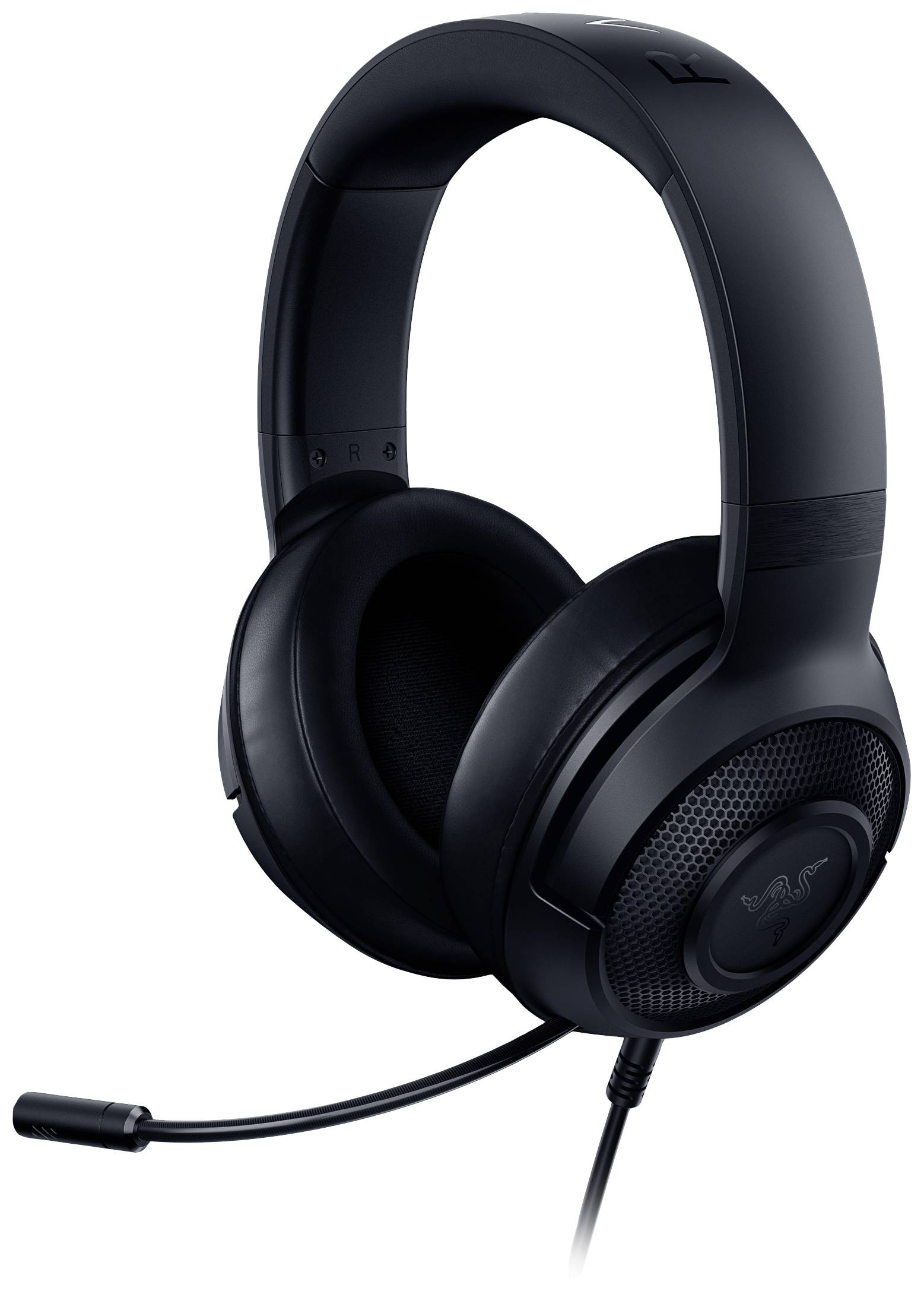 Ein schwarzes Gaming-Headset mit Mikrofonbügel, geeignet für PC- und Konsolenspiele.