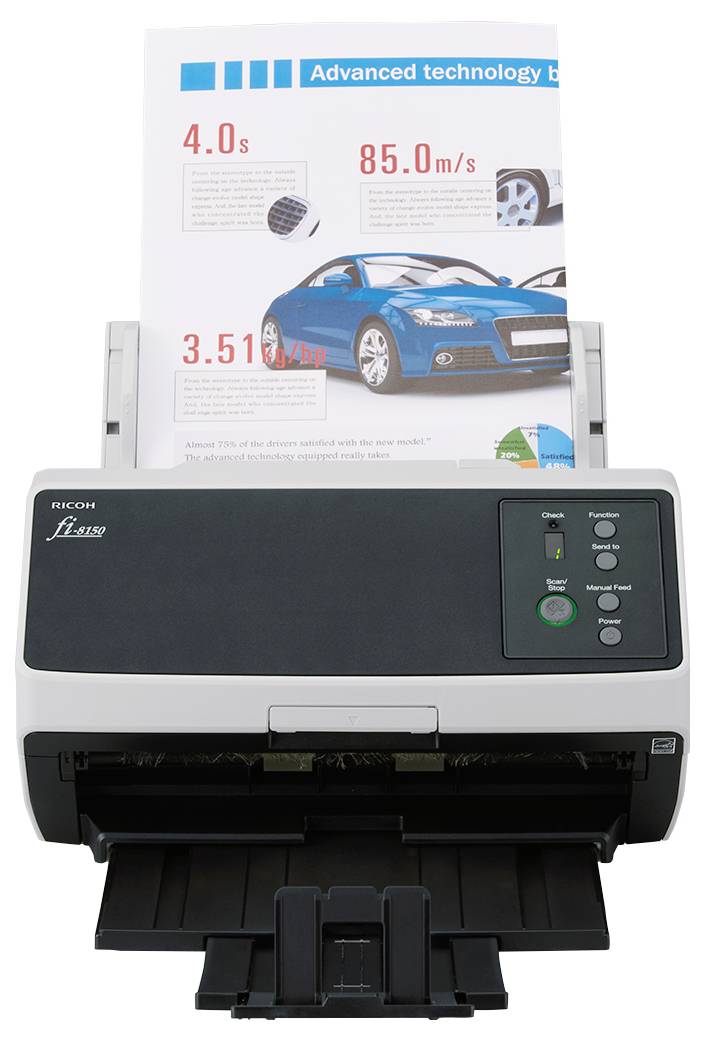 Ein Dokumentenscanner mit offener Papierkassette und digitales Display, bereit zum Scannen von Dokumenten.