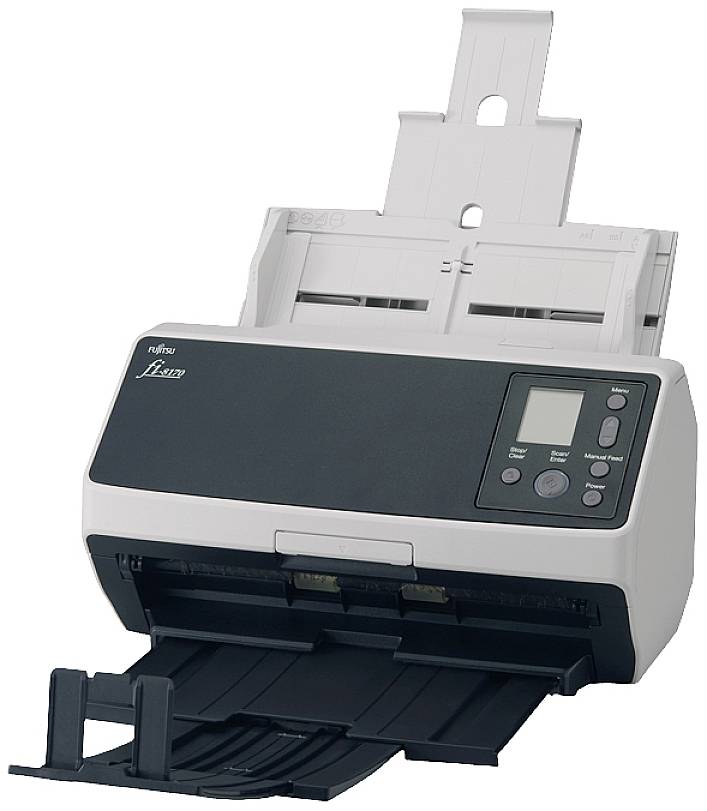 Ein weißer und schwarzer Dokumentenscanner mit geöffnetem Fach für die Papierzufuhr. Er ist für die Digitalisierung von Papierdokumenten vorgesehen.