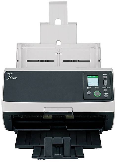 Ein Dokumentenscanner mit offenem Papierfach. Auf der Vorderseite befinden sich Tasten und ein kleines Display.