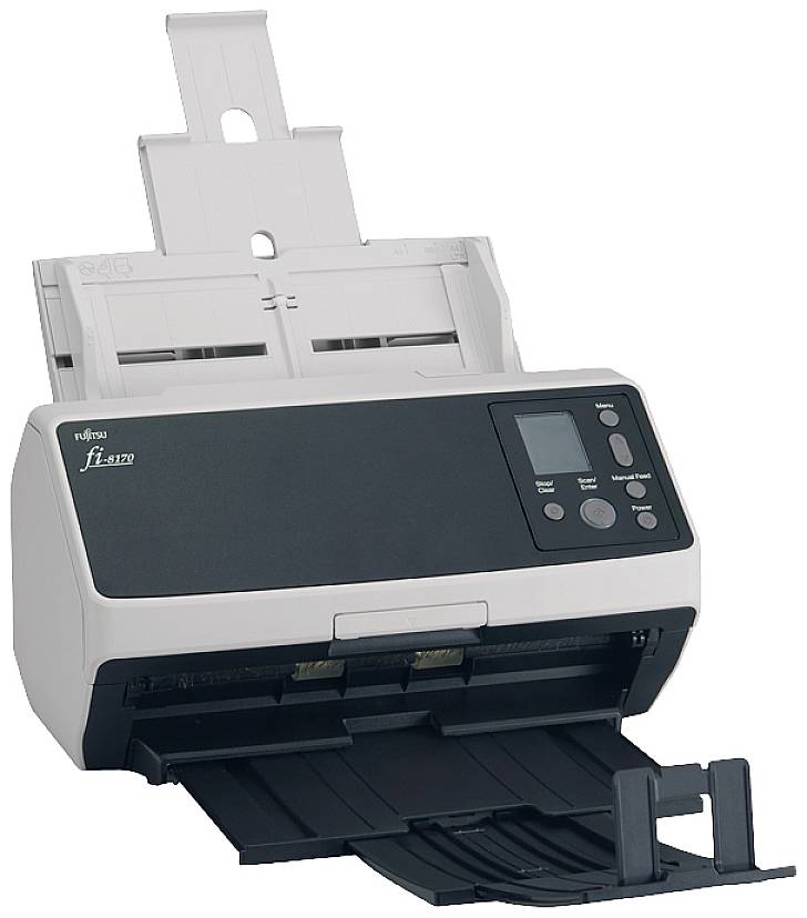 Ein weißer Dokumentenscanner mit schwarzer Front und offenem Papierfach, geeignet zum Scannen von Papierdokumenten in Bürosettings.