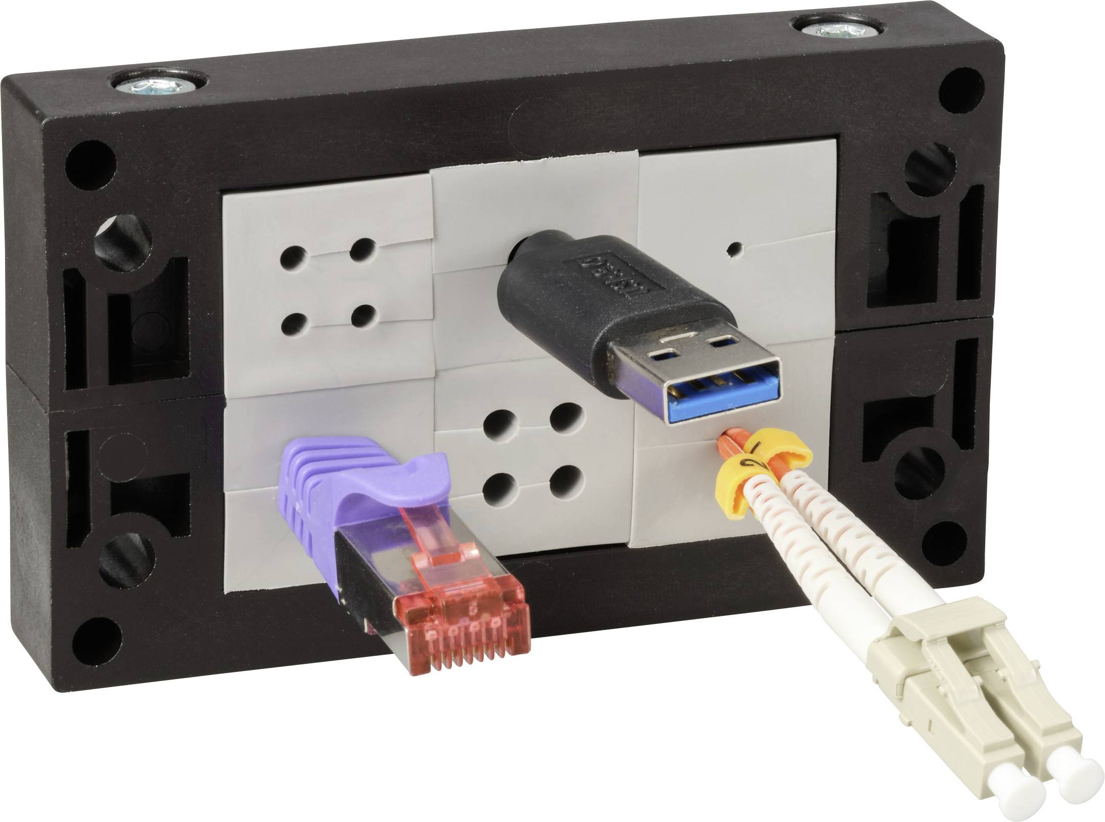 Netzwerkanschluss-Panel: Enthält USB-Stecker, Ethernet-Kabel und zwei Glasfaseranschlüsse zum Verbinden von Geräten und Netzwerken.