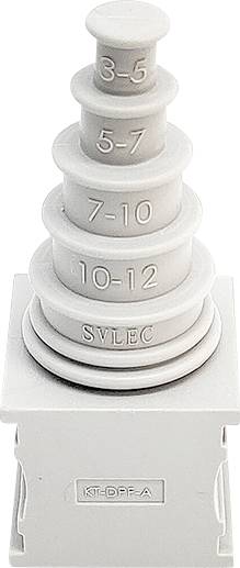 Grauer, gestufter Kabeldurchlass mit Beschriftungen: '3-5', '5-7', '7-10', '10-12', 'SVLEC'. Rechteckige Basis mit Clip.