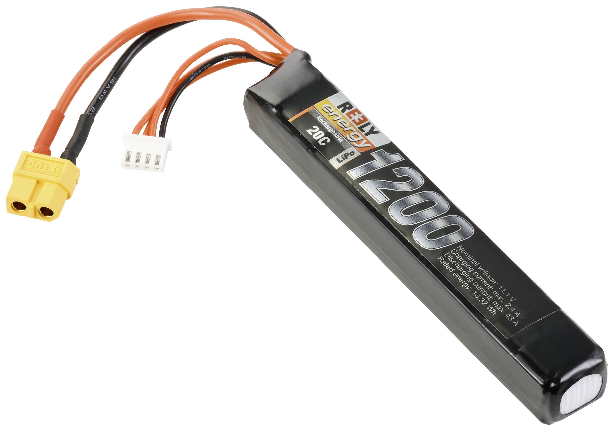 Ein schlanker, schwarzer Lithium-Polymer-Akku von Reedy Energy 1200mAh, mit orangefarbenen und gelben Anschlüssen, geeignet für RC-Modelle.