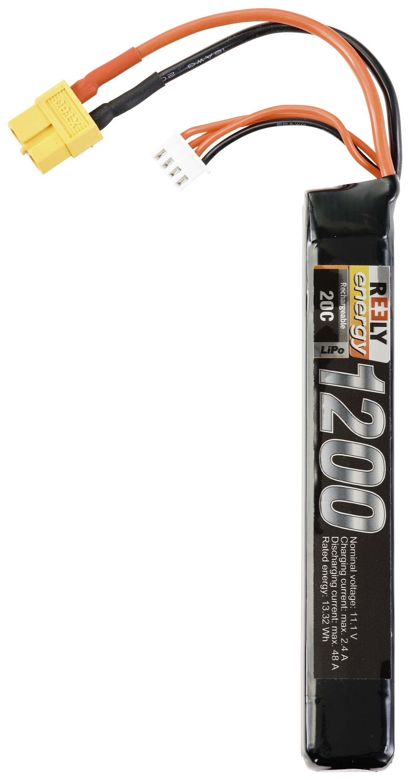 Ein schwarzer Lithium-Polymer-Akku mit der Aufschrift 'R 1200', zwei orangefarbene und ein weißer Kabelanschluss oben.