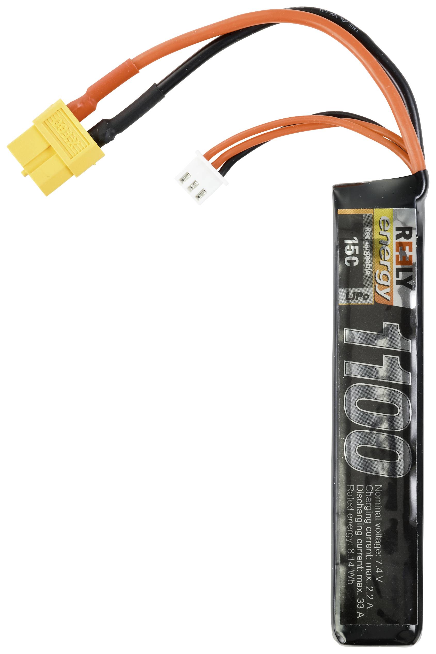 Schwarze Lithium-Polymer-Akkuzelle mit gelbem Steckverbinder und mehreren abgehenden Kabeln. Aufschrift: '1100' und 'LiPo'.