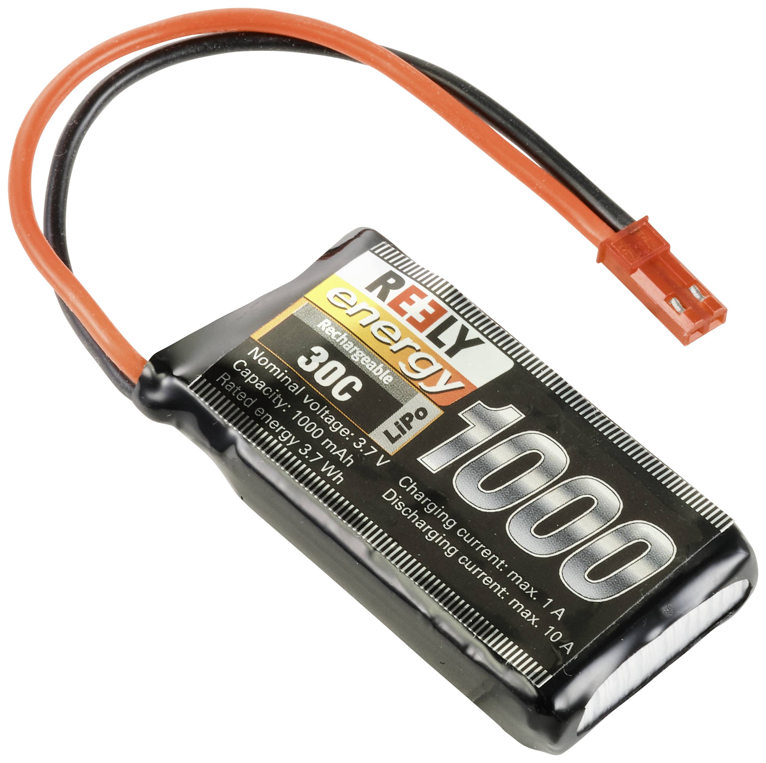 LiPo-Akku mit schwarzem Gehäuse, rotem und schwarzem Kabel. Aufschrift: 'Reely Energy Pro 30C, 1000 mAh, 7,4 V, 2 Zellen'.