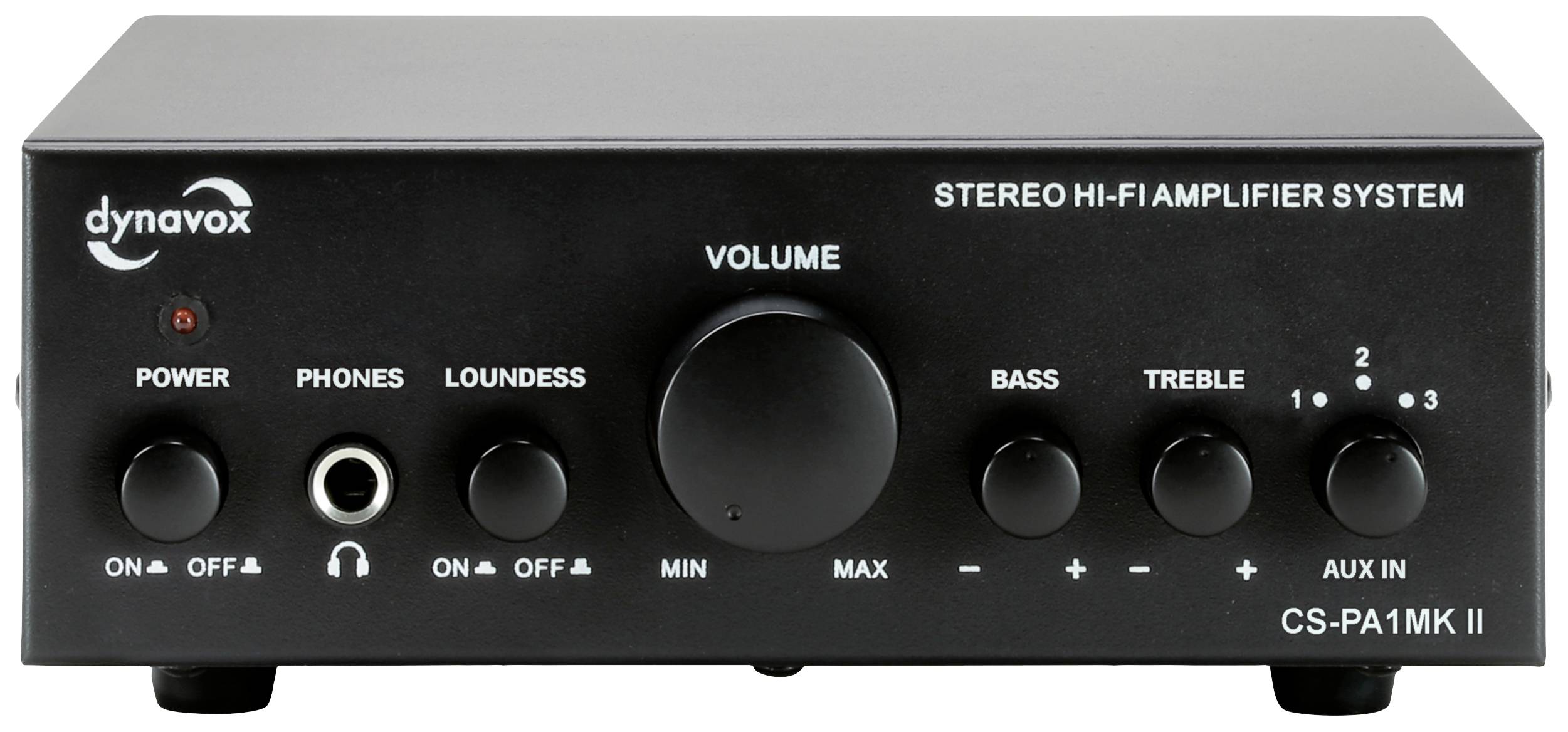 Kompakter schwarzer Stereo-Hi-Fi-Verstärker mit Lautstärkeregler, Bass- und Höhenregulierung, Kopfhöreranschluss und mehreren Eingängen.