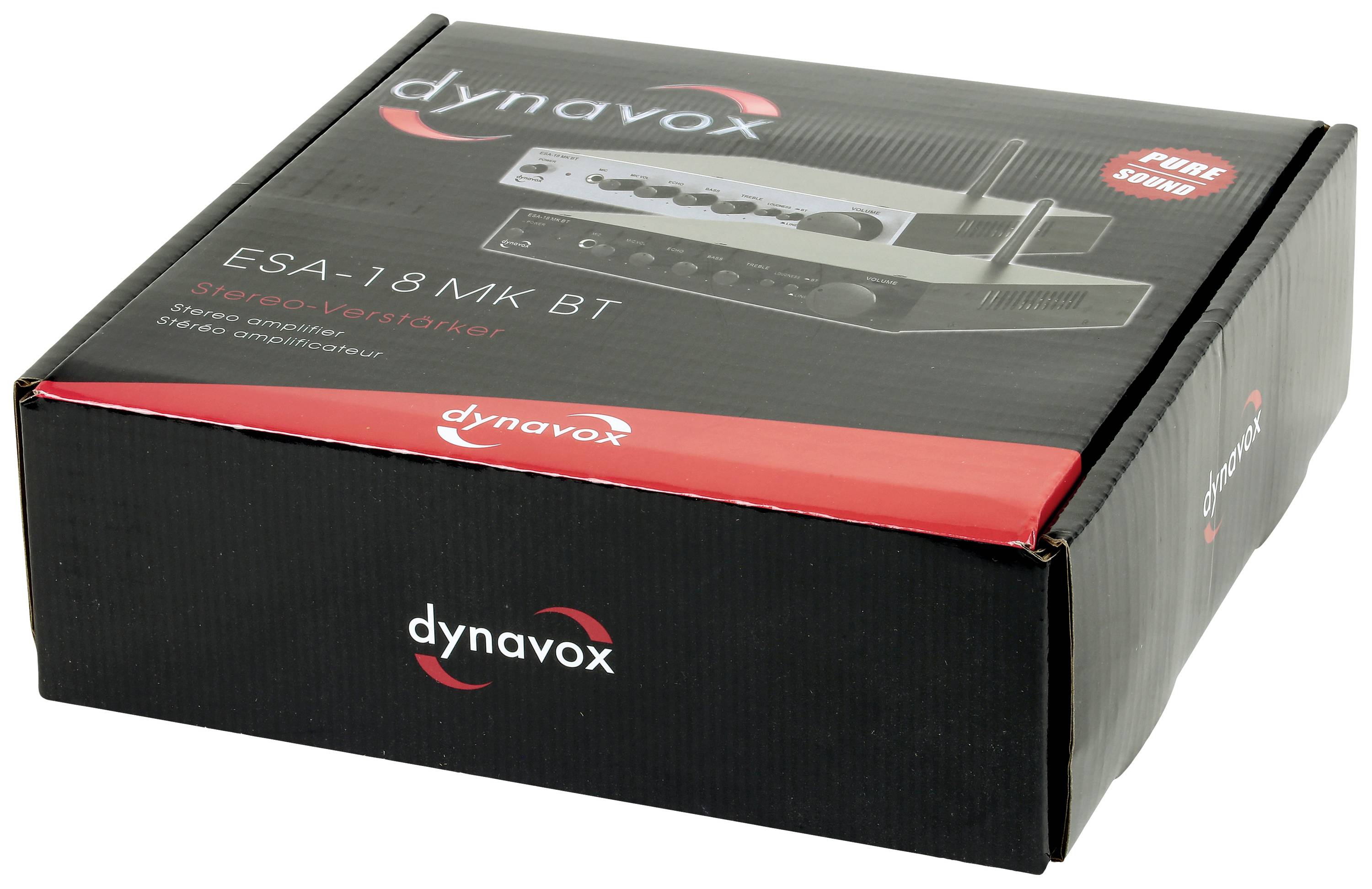 Schwarze Verpackung mit Abbildung und Text 'dynavox ESA-18 MK BT Stereo-Verstärker'. Enthält logistische und markenbezogene Informationen.