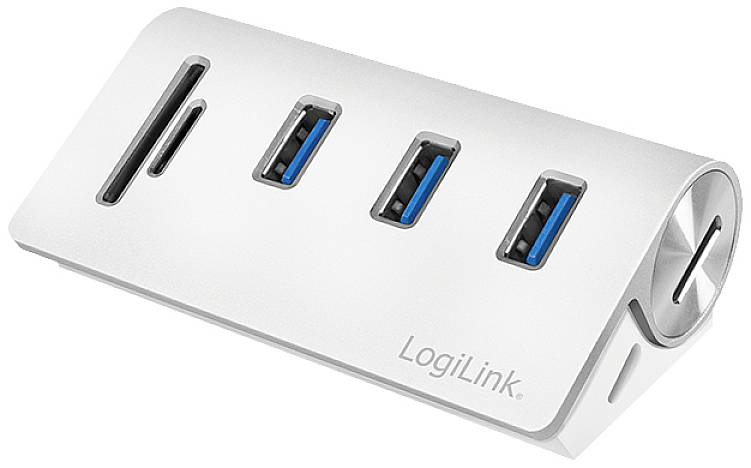 USB-3.0-Hub von LogiLink in Silber mit drei blauen USB-Anschlüssen und einem SD-Kartensteckplatz, angewinkelt auf weißem Hintergrund.