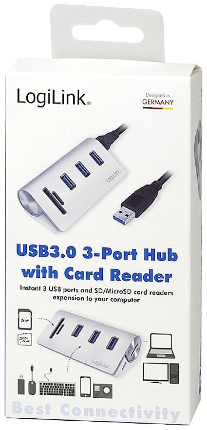 'LogiLink USB 3.0 Hub mit 3 Ports und Kartenleser' Verpackung, zeigt das Gerät mit Kabel, Computern und Symbolen für Kompatibilität.