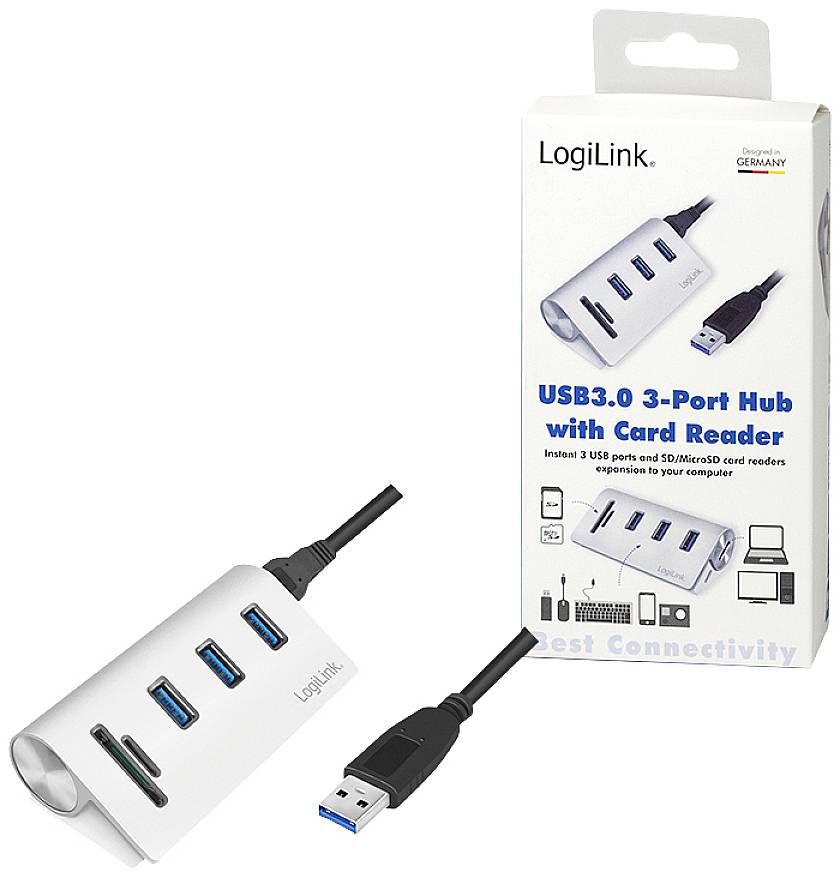 LogiLink CR0045 3+2 Port USB 3.0-Hub mit Aluminiumgehäuse, mit eingebautem SD-Kartenleser Silber