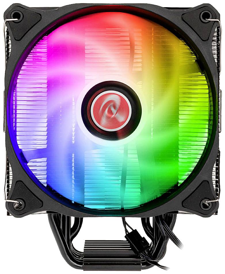 Ein Computerlüfter mit RGB-LEDs, die in Regenbogenfarben leuchten, ist in einem rechteckigen Metallgehäuse montiert.