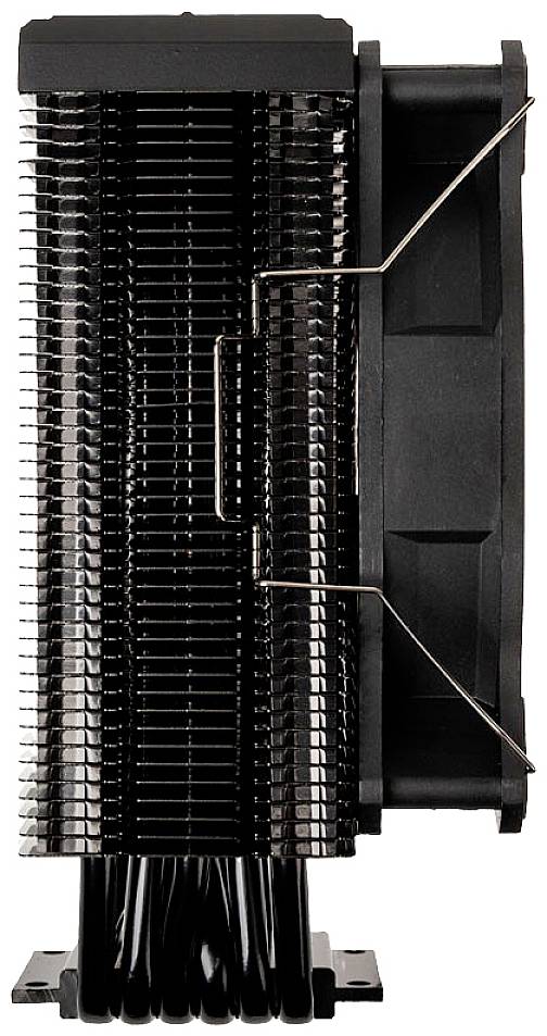 Ein schwarzer CPU-Kühler mit vertikalen Kühlrippen und einem Lüfter, der zur Wärmeabfuhr für Computerprozessoren dient.