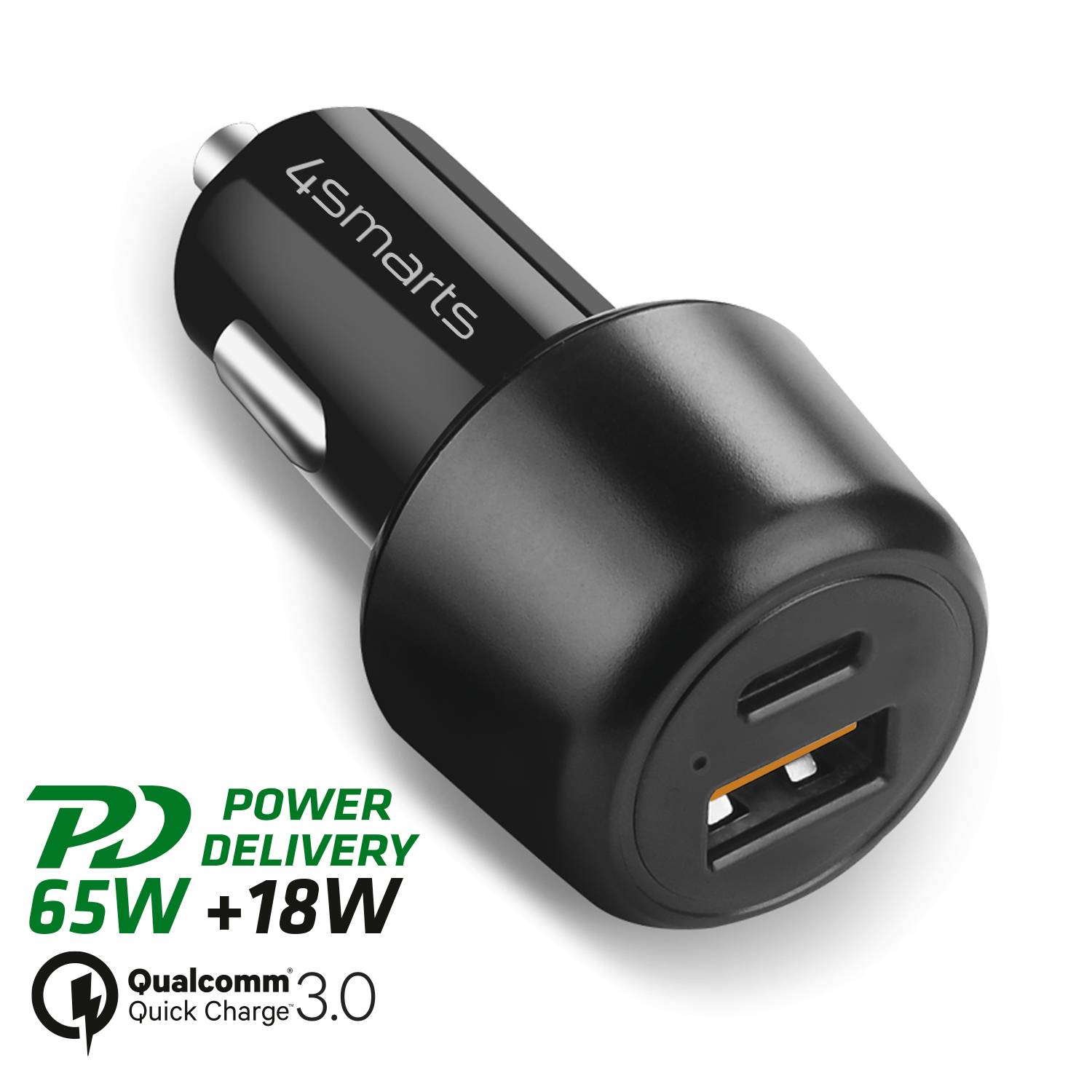 4Smarts 456260 USB Ladegerät 65 W, 18W 1x USB-C®, 1x USB-A USB PD, Quick Charge Schwarz KFZ, LKW Schnellladegerät