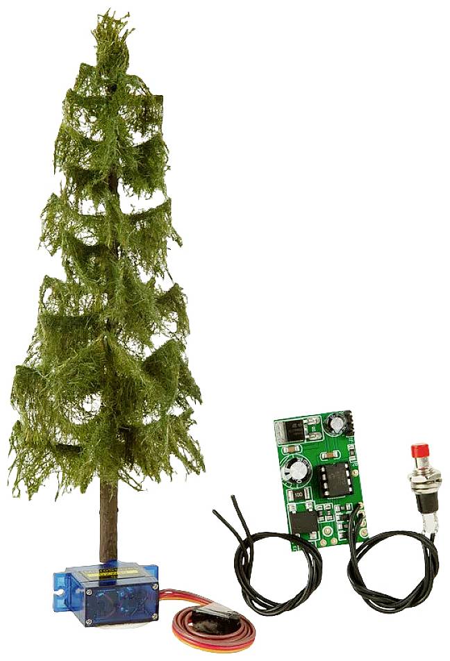 Ein Modellbaum mit elektronischen Komponenten: Servo, Schaltkreis und Druckknopf, symbolisiert ein technisches Projekt.