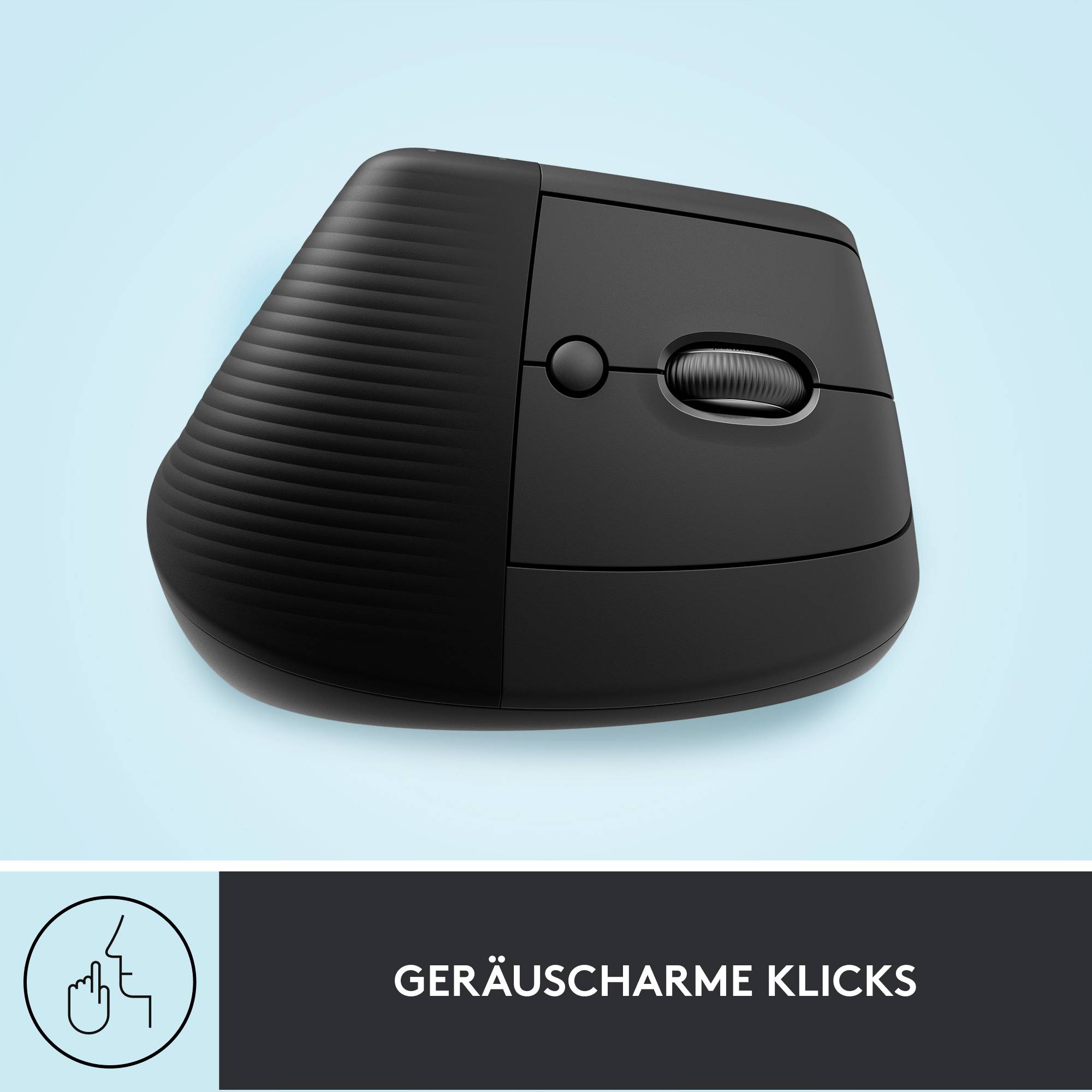 Ergonomische schwarze Computermaus mit vertikalem Design, auf hellblauem Hintergrund. Text unten: 'Geräuscharme Klicks'.