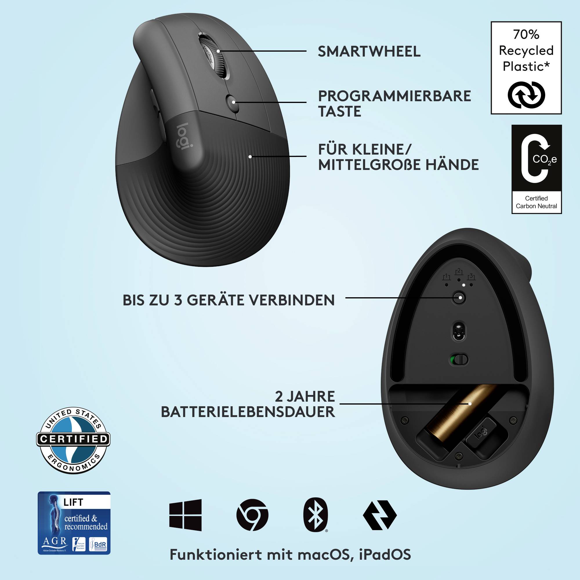 Die Abbildung zeigt eine ergonomische Vertikalmouse mit Smartwheel, programmierbare Tasten und bis zu 2 Jahre Batterielaufzeit. Geeignet für kleine/mittlere Hände, verbindet bis zu drei Geräte.