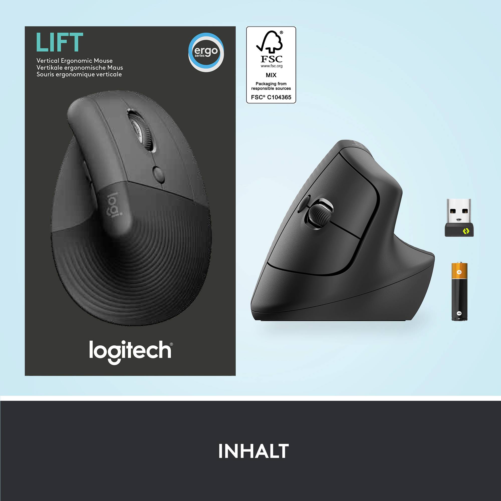 'Logitech Lift' vertikaler ergonomischer Maus, abgebildet neben Verpackung, USB-Empfänger und Batterien. Entworfen zur Handgelenkunterstützung.