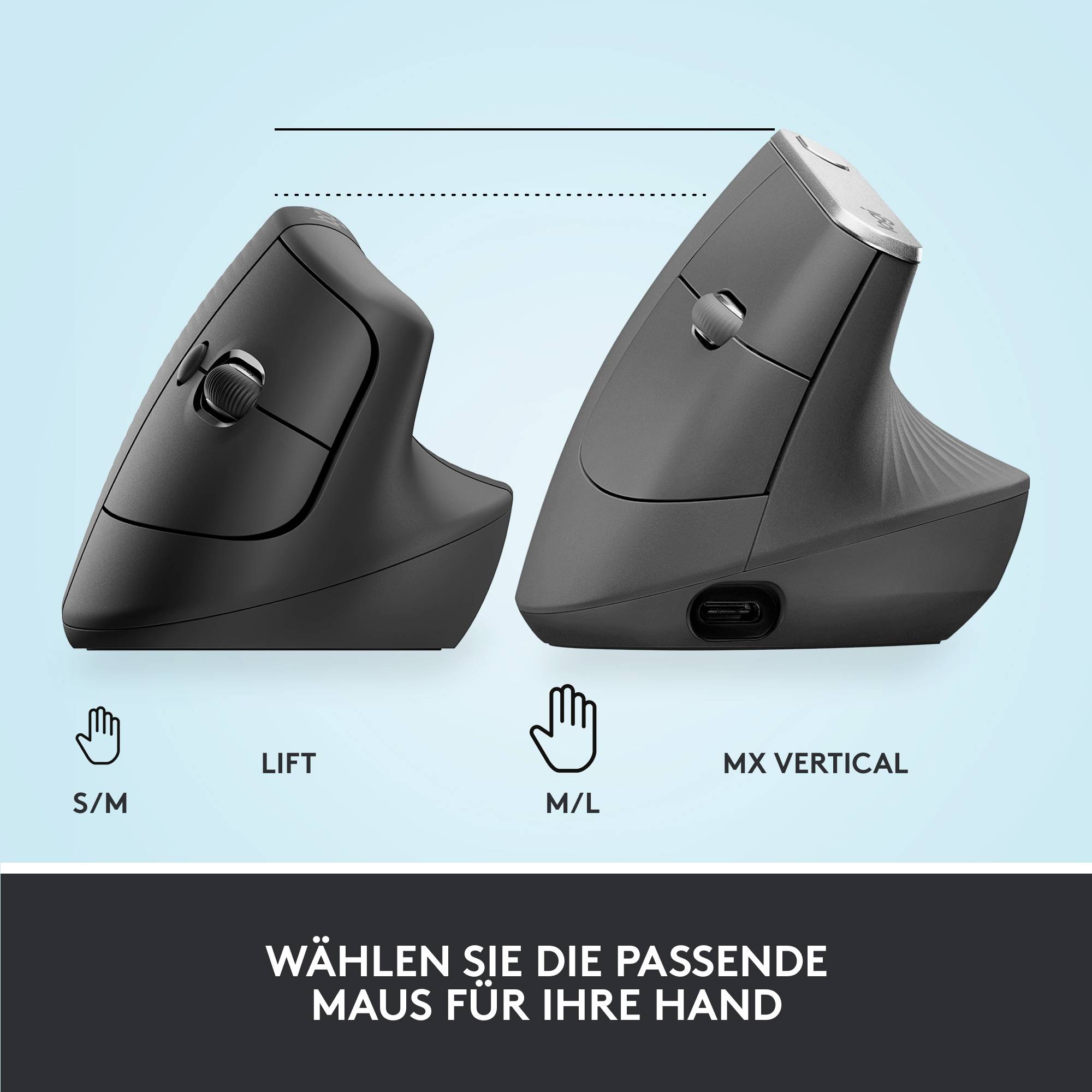 Vertikale ergonomische Maus mit geneigtem Design, in zwei Größen: S/M und M/L. Text: 'Wählen Sie die passende Maus für Ihre Hand.'