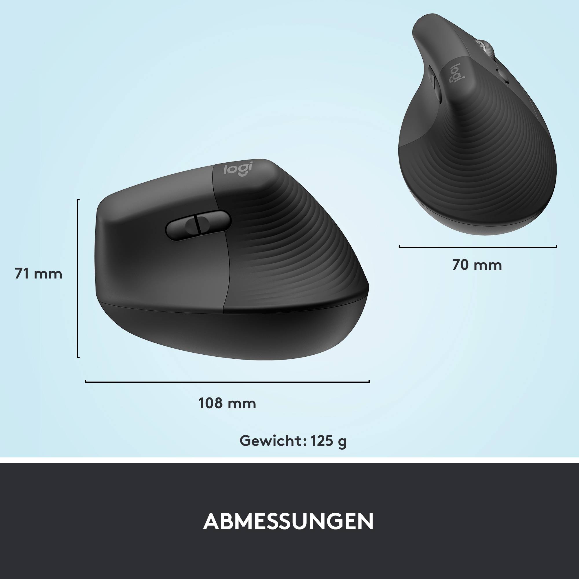 'Draufsicht und Seitenansicht einer ergonomischen, kabellosen Maus in Schwarz' mit Abmessungen: 71 mm hoch, 108 mm lang, 70 mm breit, Gewicht: 125 g.