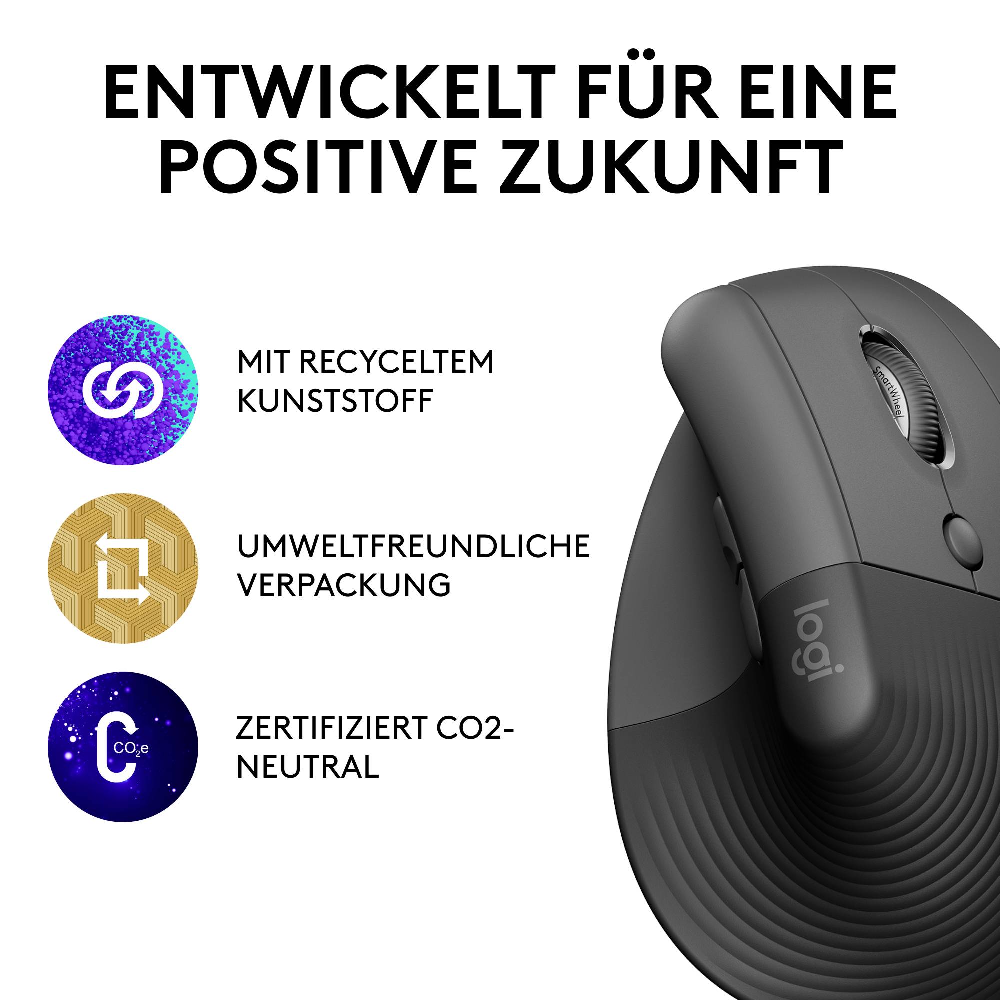 Drahtlose graue Maus mit drei Abzeichen: 'Mit recyceltem Kunststoff', 'Umweltfreundliche Verpackung', 'Zertifiziert CO2-neutral'.