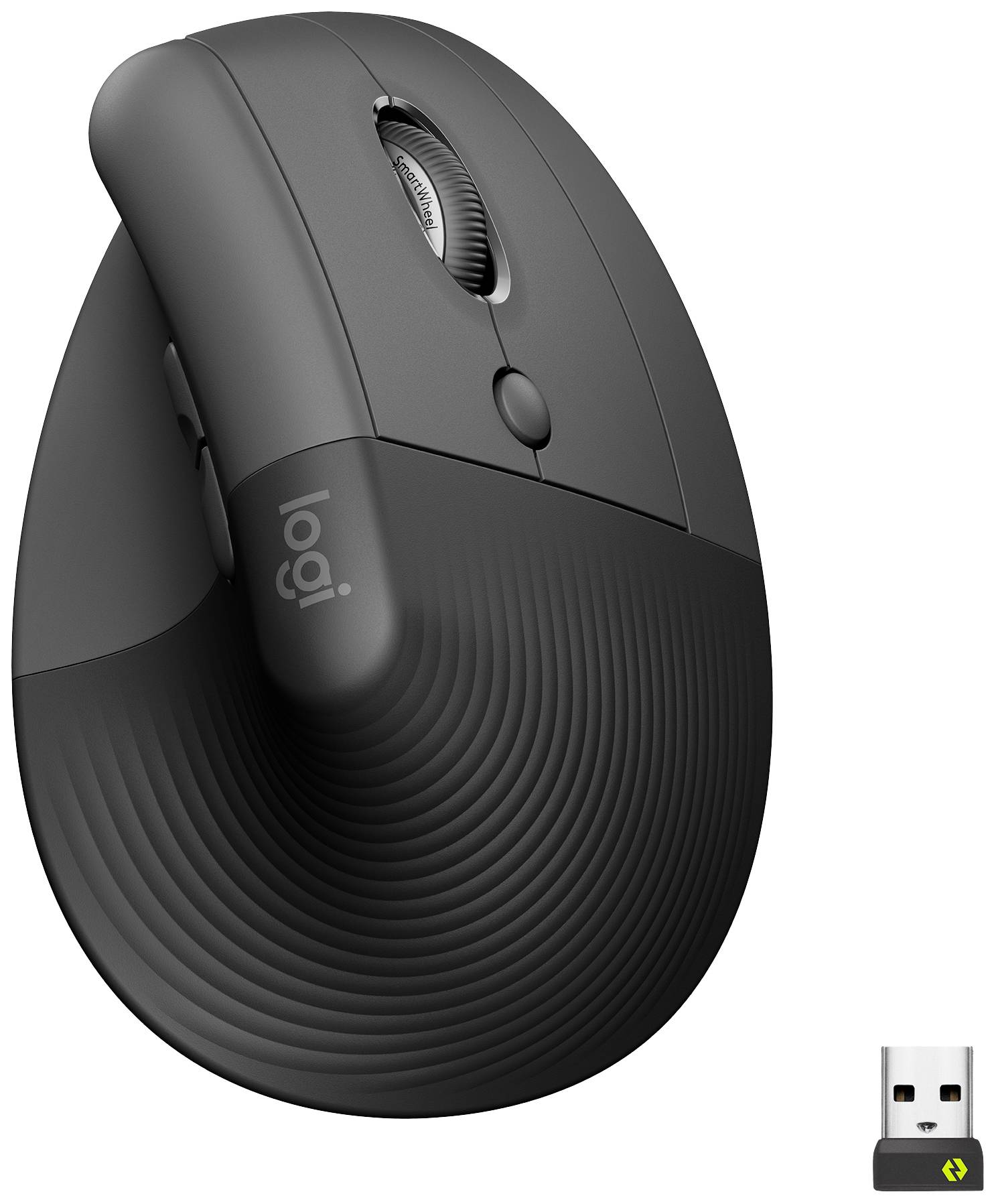 Vertikale ergonomische Maus in Schwarz mit Scrollrad und zwei Tasten, inklusive drahtlosem USB-Empfänger unten rechts im Bild.