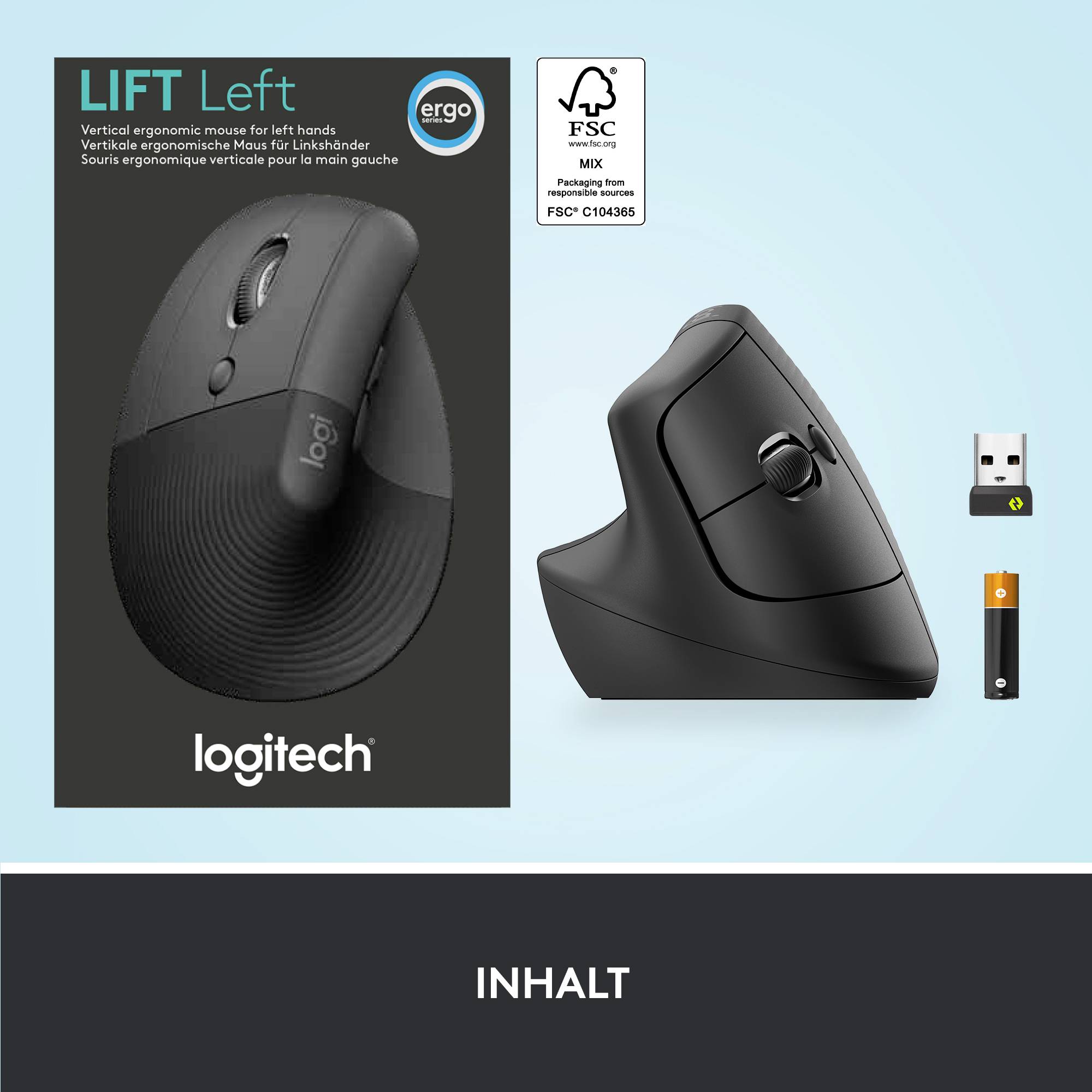 Vertikale ergonomische Maus von Logitech, Modell 'Lift', in Schwarz, für Linkshänder. Enthält USB-Empfänger und zeigt FSC-Zertifikat.