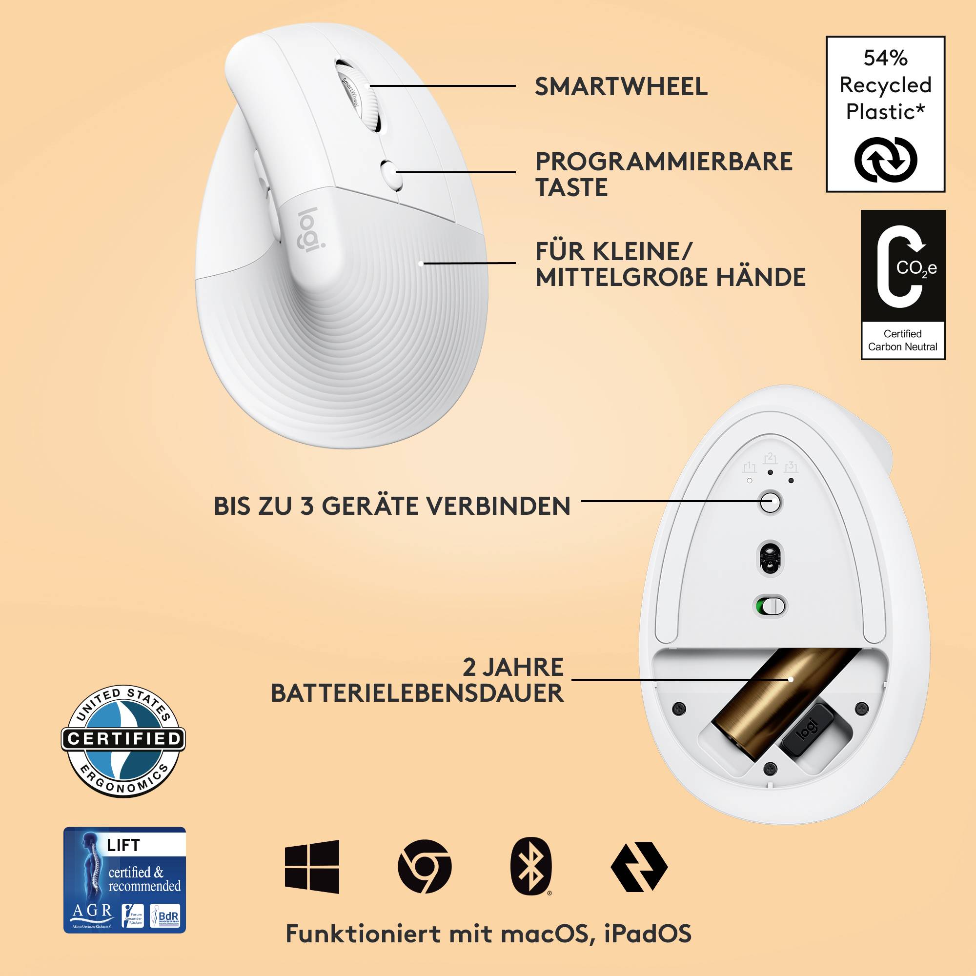 Logitech Lift Vertical Ergonomic Mouse Ergonomische Maus Bluetooth®, Funk Optisch Weiß 6 Tasten 4000 dpi Ergonomisch