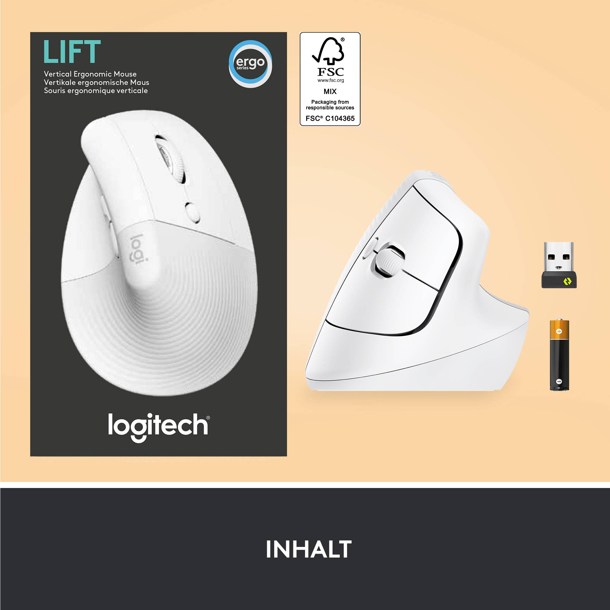 Logitech Lift Vertical Ergonomic Mouse Ergonomische Maus Bluetooth®, Funk Optisch Weiß 6 Tasten 4000 dpi Ergonomisch