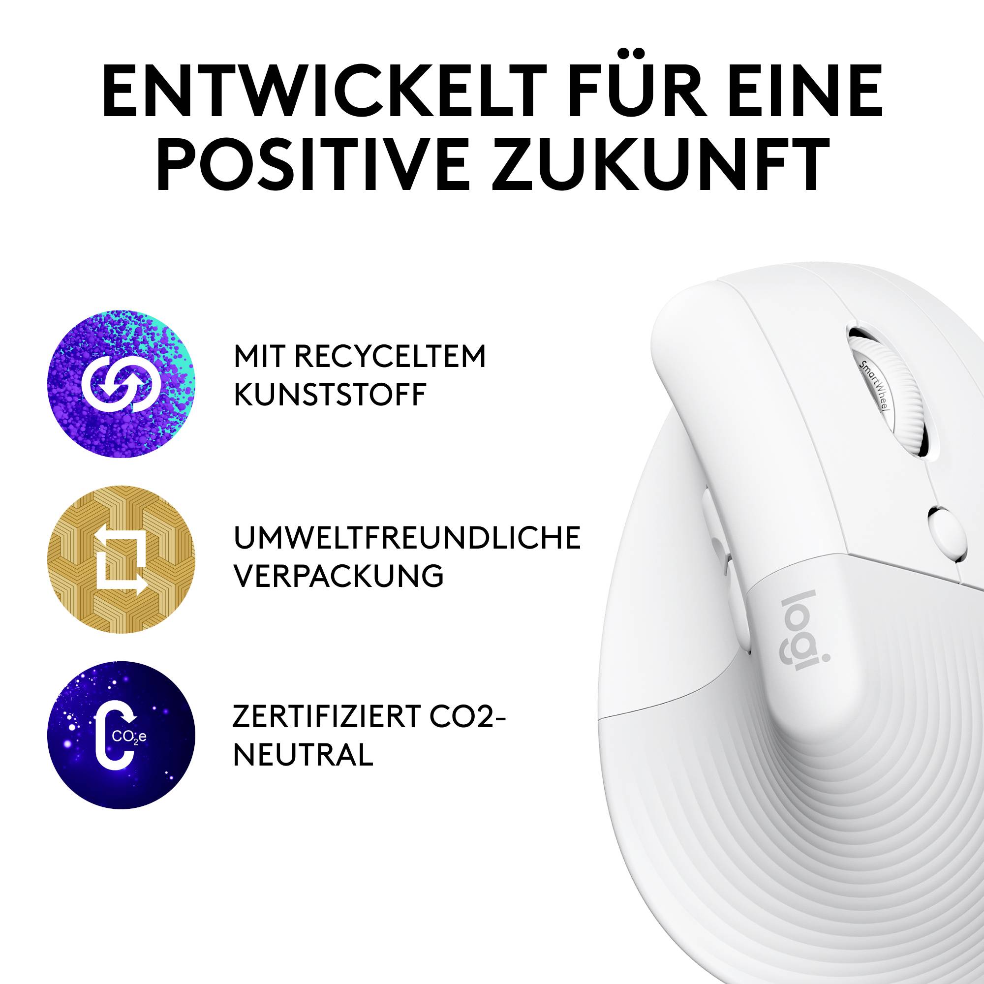 Logitech Lift Vertical Ergonomic Mouse Ergonomische Maus Bluetooth®, Funk Optisch Weiß 6 Tasten 4000 dpi Ergonomisch