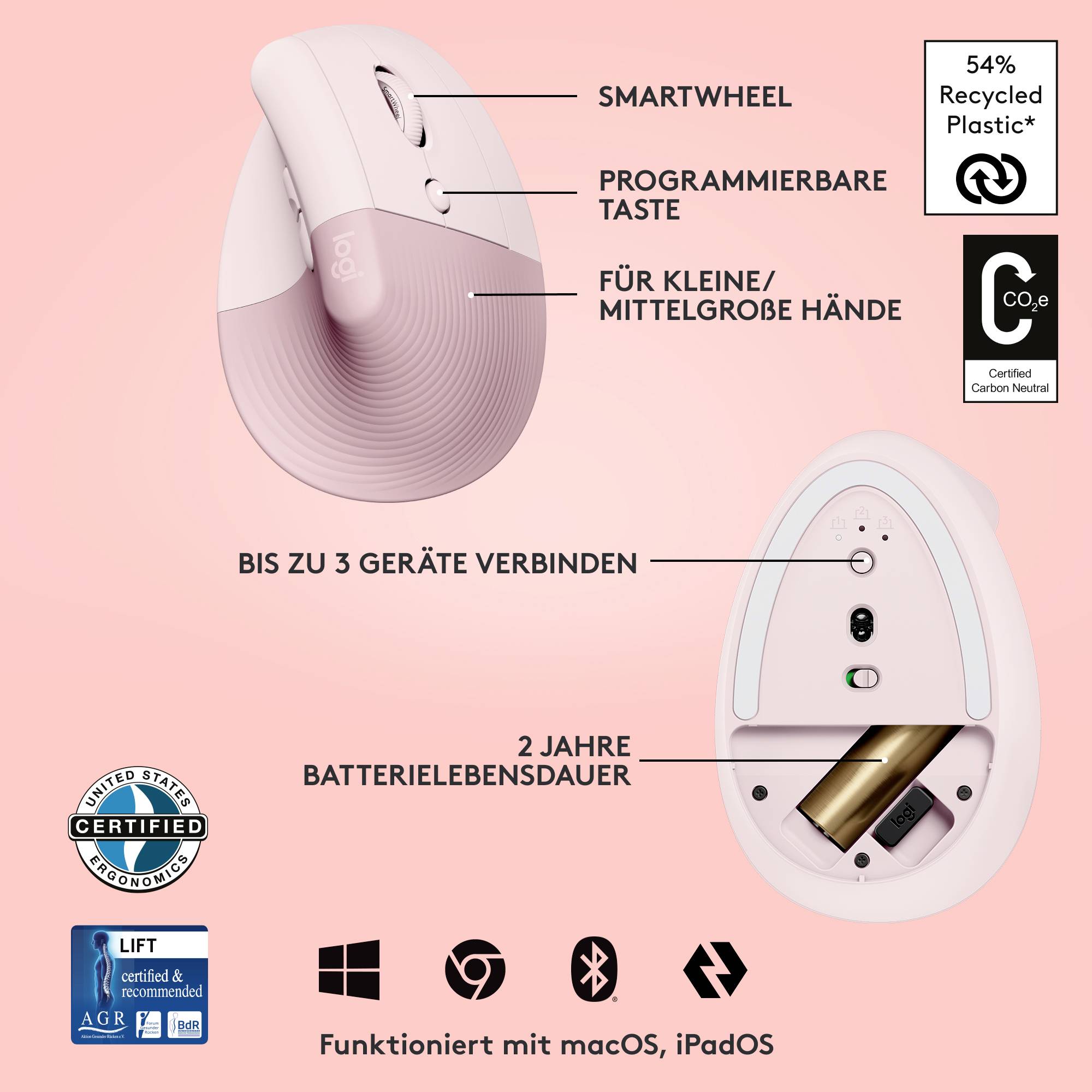 Logitech Lift Vertical Ergonomic Mouse Ergonomische Maus Bluetooth®, Funk Optisch Rose 6 Tasten 4000 dpi Ergonomisch