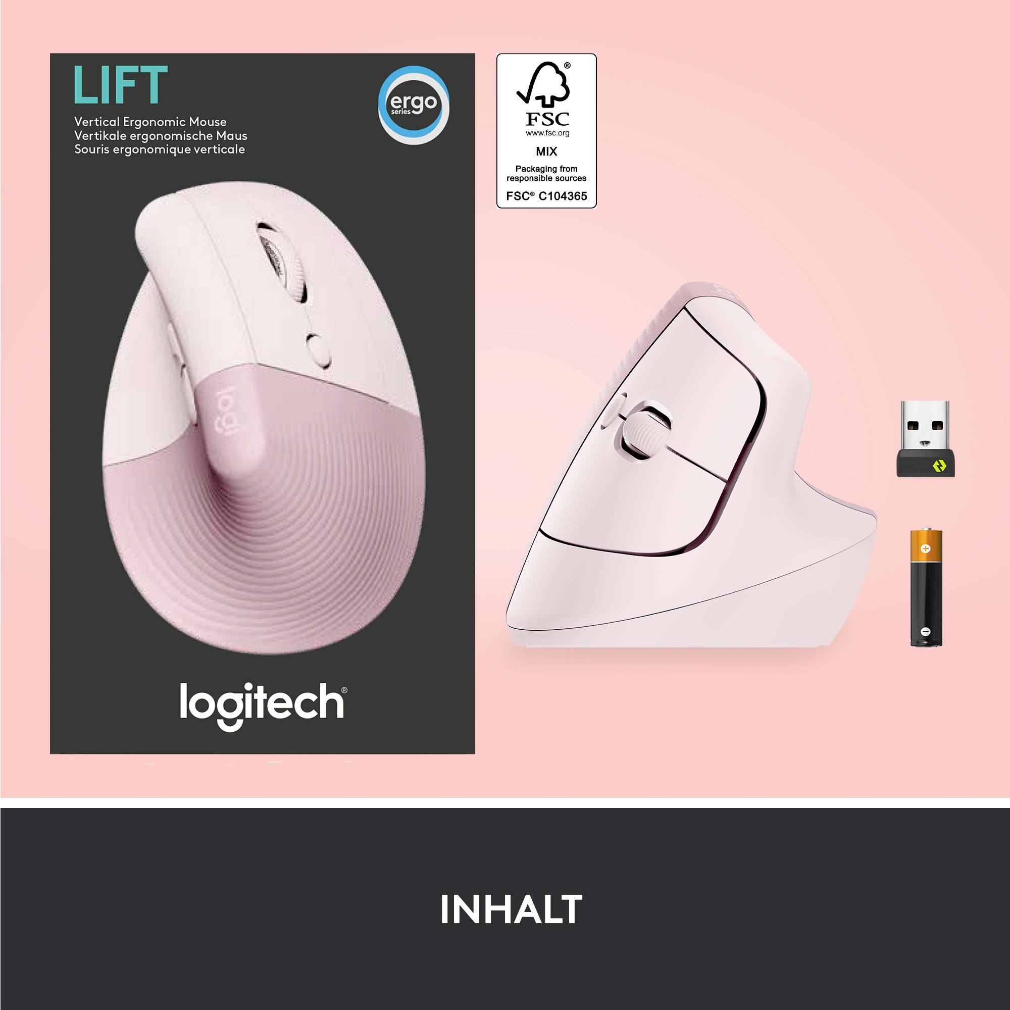 Logitech Lift Vertical Ergonomic Mouse Ergonomische Maus Bluetooth®, Funk Optisch Rose 6 Tasten 4000 dpi Ergonomisch
