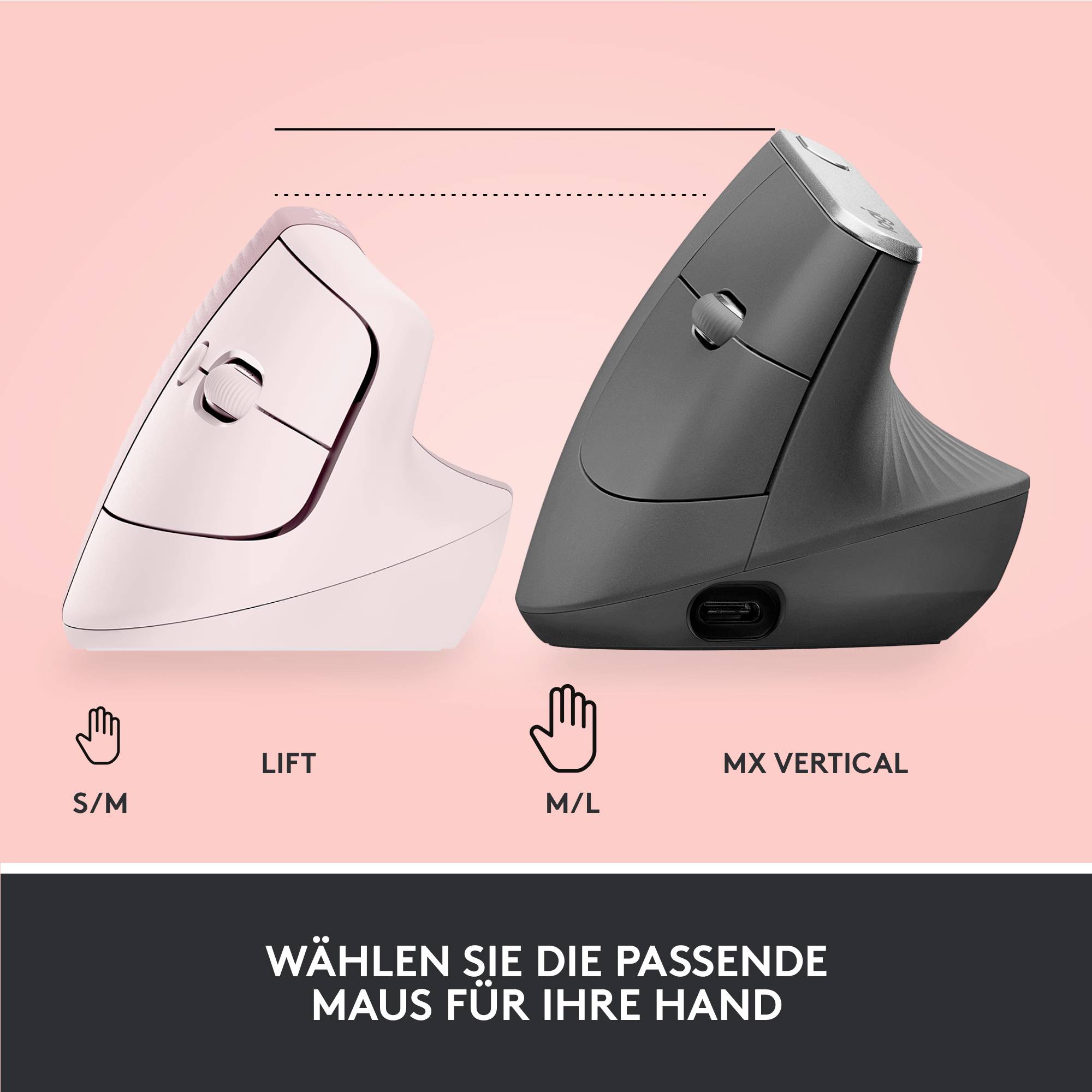Logitech Lift Vertical Ergonomic Mouse Ergonomische Maus Bluetooth®, Funk Optisch Rose 6 Tasten 4000 dpi Ergonomisch