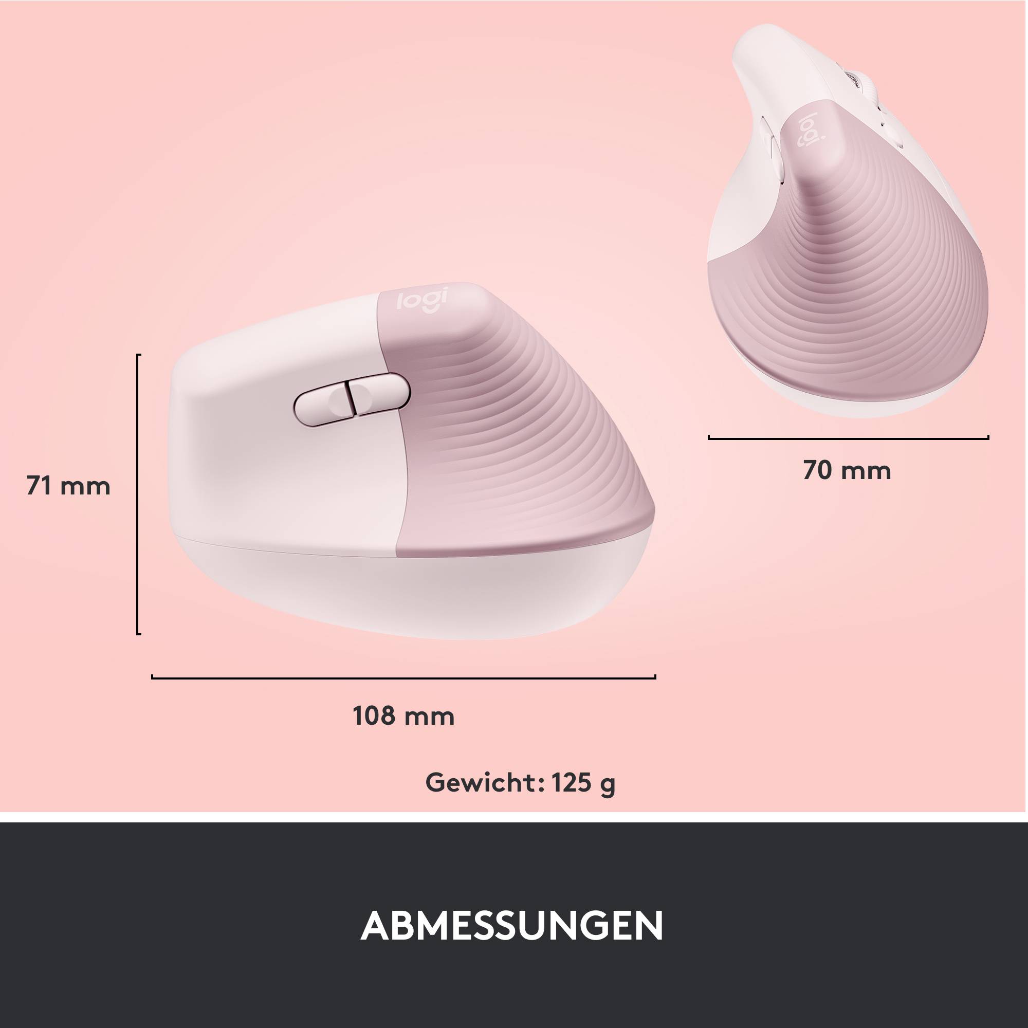 Logitech Lift Vertical Ergonomic Mouse Ergonomische Maus Bluetooth®, Funk Optisch Rose 6 Tasten 4000 dpi Ergonomisch