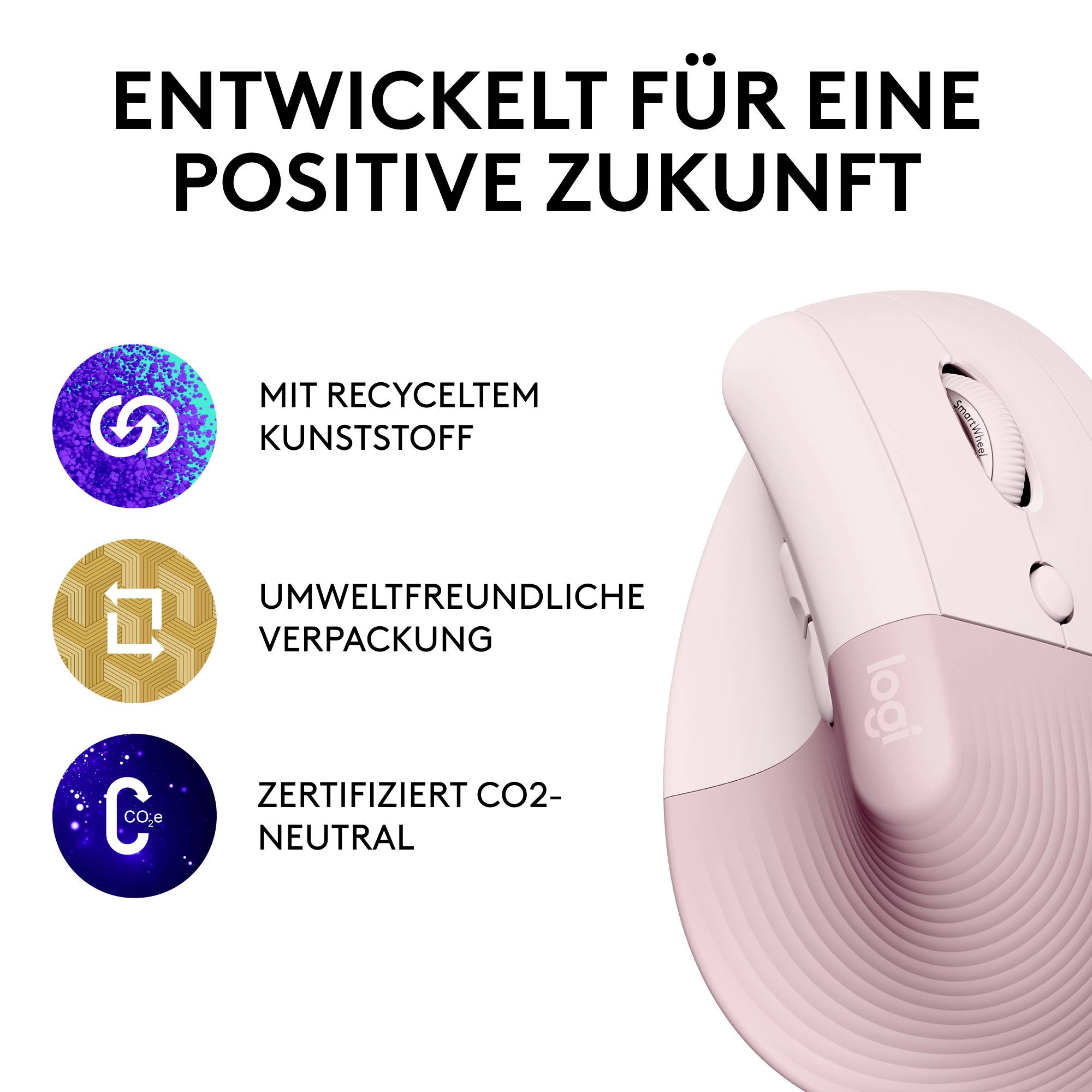 Logitech Lift Vertical Ergonomic Mouse Ergonomische Maus Bluetooth®, Funk Optisch Rose 6 Tasten 4000 dpi Ergonomisch