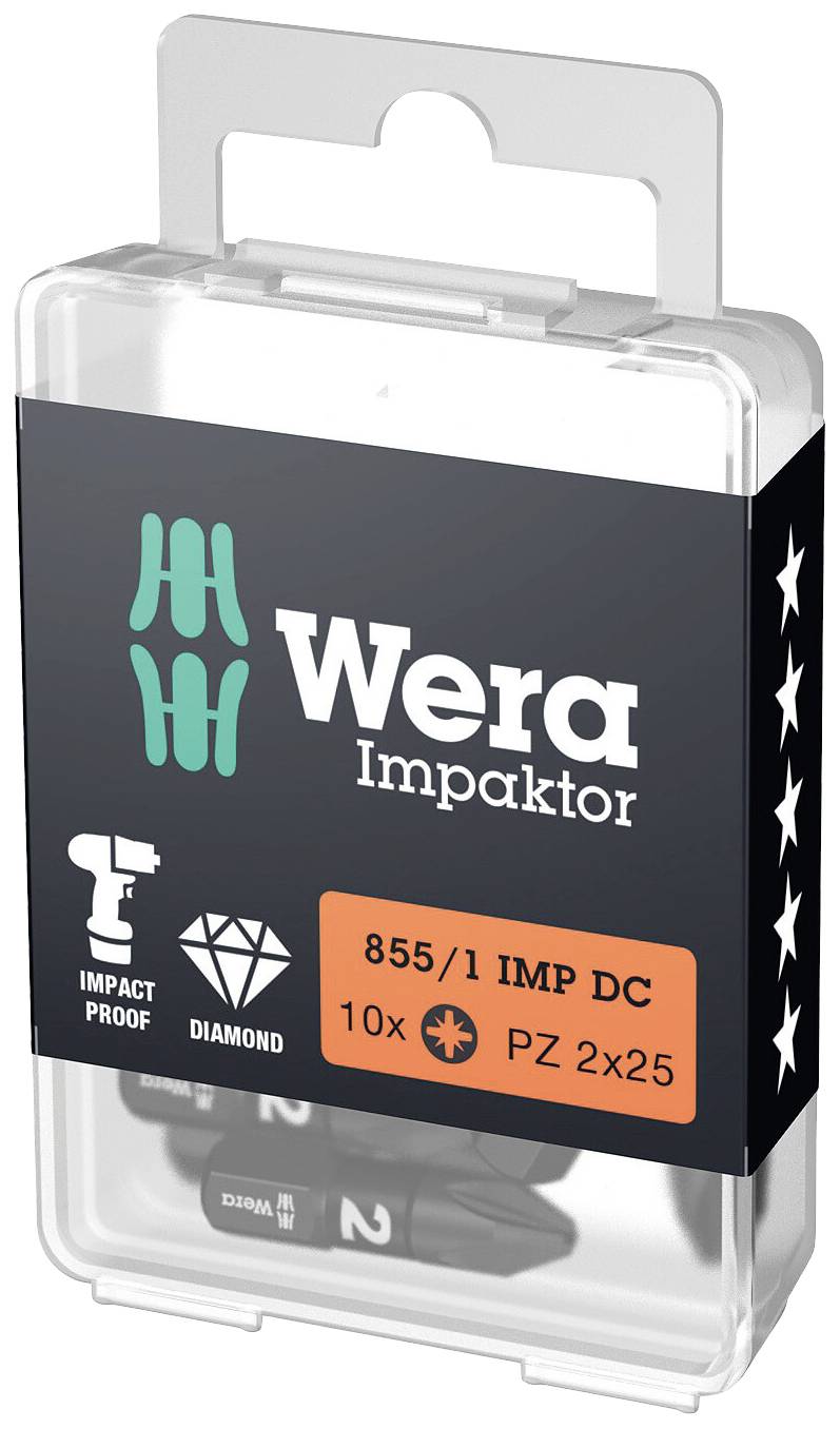 Verpackung enthält 10 Wera Impaktor Bits, Typ 855/1 IMP DC, Größe PZ 2x25, mit Impact Proof und Diamantbeschichtung.