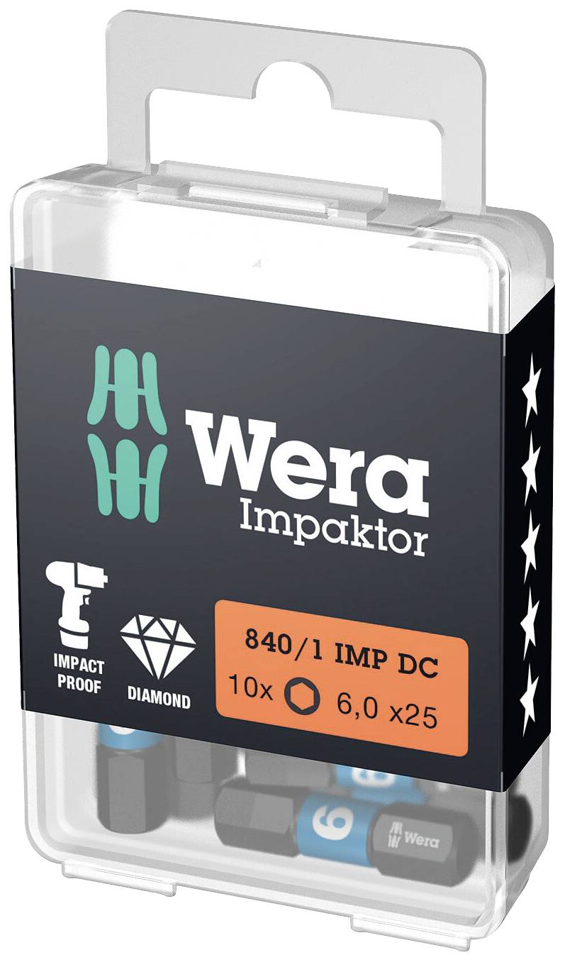 Verpackung mit Wera Impaktor Bitsatz, 10 Teile, 6,0x25 mm, geeignet für Schlagbohrmaschinen. Enthält Symbole für Schlagfestigkeit und Diamantbeschichtung.