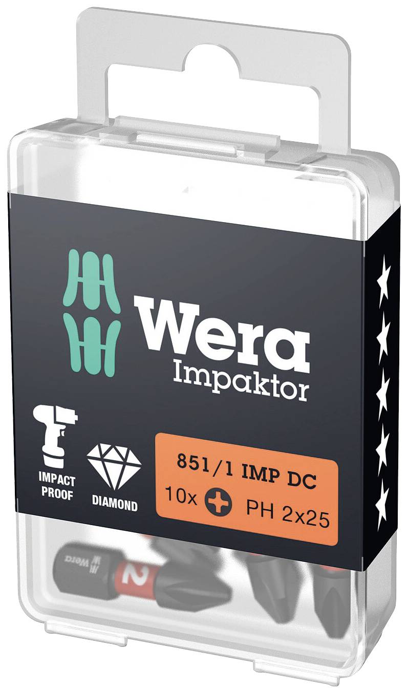 Transparente Kunststoffverpackung mit der Aufschrift 'Wera Impaktor 851/1 IMP DC 10x PH 2x25', enthält schwarze Bits mit roten Markierungen.