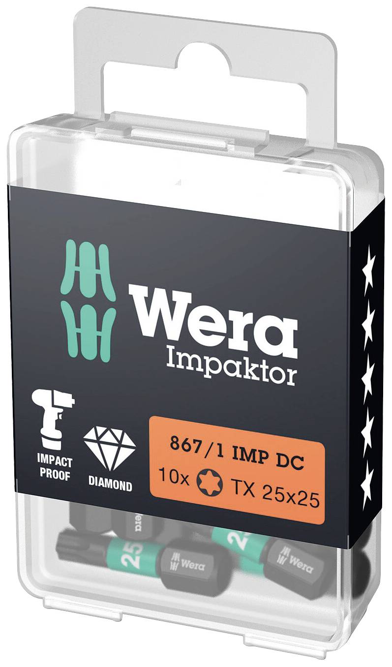 Eine transparente Verpackung mit Wera Impaktor Schrauberbits, zehn Stück. Aufschrift: 'Impact Proof', 'Diamond', TX 25x25.