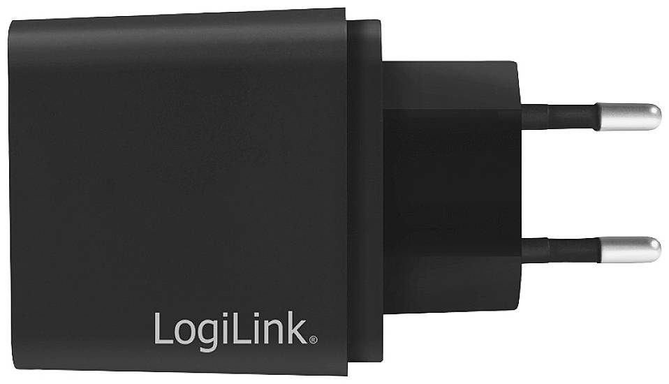 Schwarzes LogiLink USB-Ladegerät mit zwei Stiften für europäische Steckdosen.
