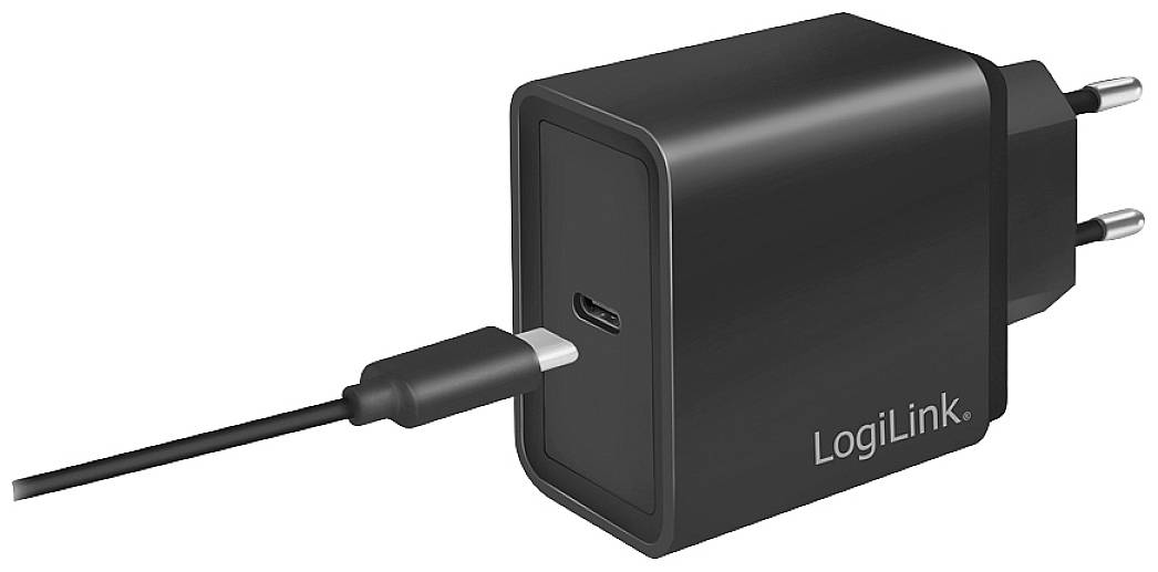 Ein schwarzes USB-Ladegerät von LogiLink mit einem angeschlossenen Kabel.