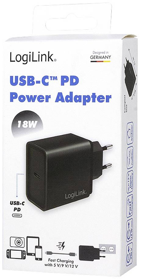 Ladegerät von LogiLink, USB-C PD, 18W. Für schnelles Laden mit 5V/9V/12V. Verpackung zeigt Icons von kompatiblen Geräten.
